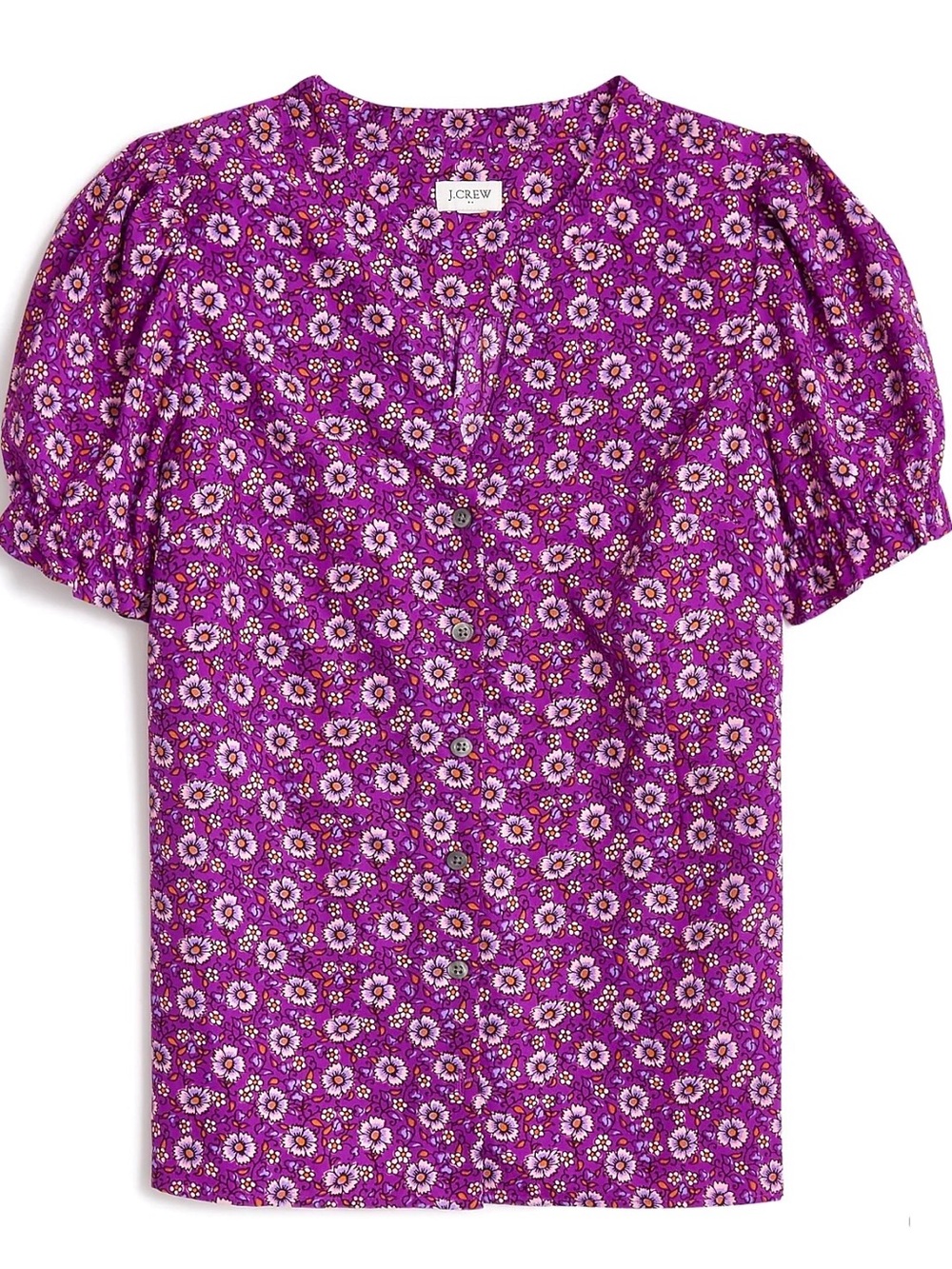 J. Crew Bright Purple Daisy-Print Puff-Sleeve Blouse
